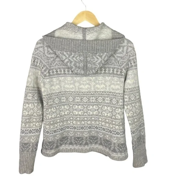 Eddie Bauer Long Sleeve Hooded Cardigan Sweater Snowflake Grey White Size Medium